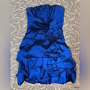 Teeze Me Navy Blue Strapless Ruffle Dress with Rosette Accent